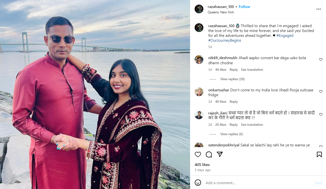 Raza Hasan announced his engagement with Pooja through this post.