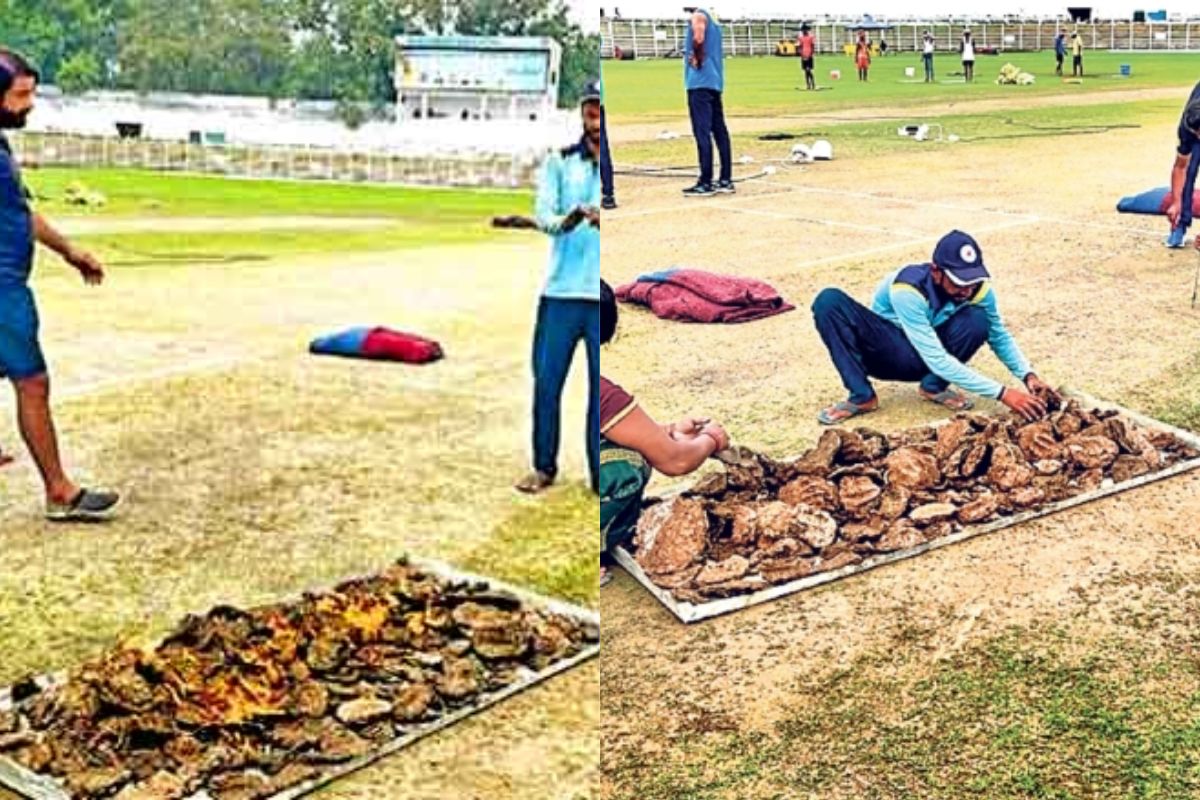 Ranji Trophy 2024-25: Bihar crossed the limits in arranging Jugaad, showed Onakha sight to the world to dry the cricket pitch. ranji trophy 2024-25 bihar cricket use upla or goitha to dry cricket pitch for bihar vs karnataka match