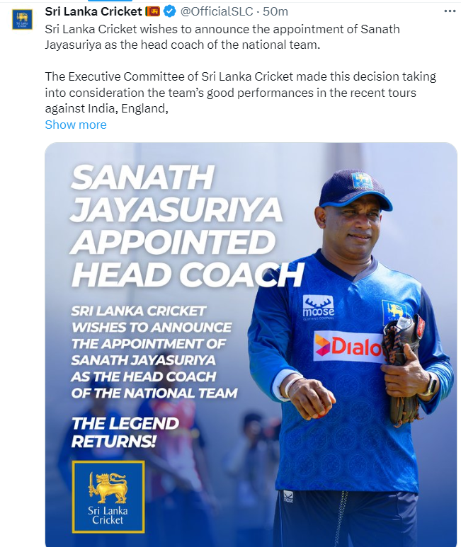 Sri Lanka Cricket announced the appointment of Jayasuriya as head coach through this post.