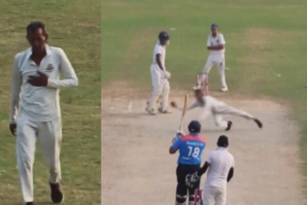 An old man takes a flying catch during a cricket match.