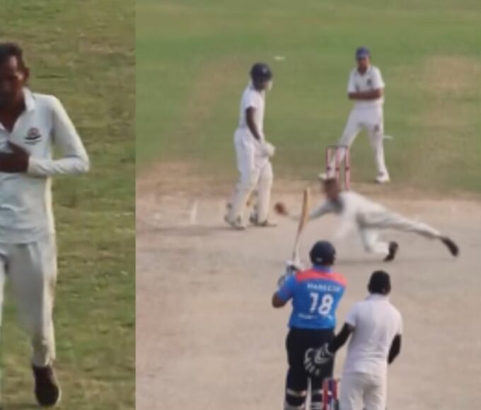 An old man takes a flying catch during a cricket match.