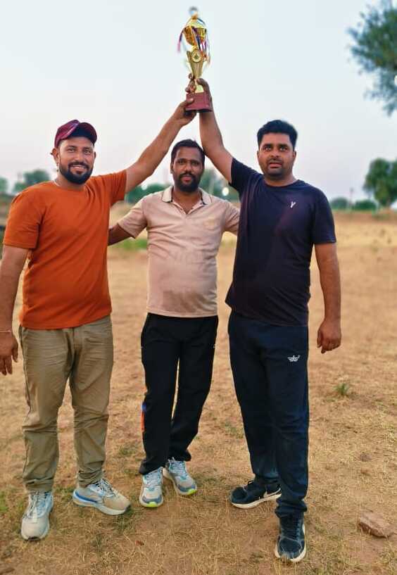 Bhojpura Kalan team captain Rohit Sharma, Anil Meena and Ramvatar Kumawat celebrating the victory.