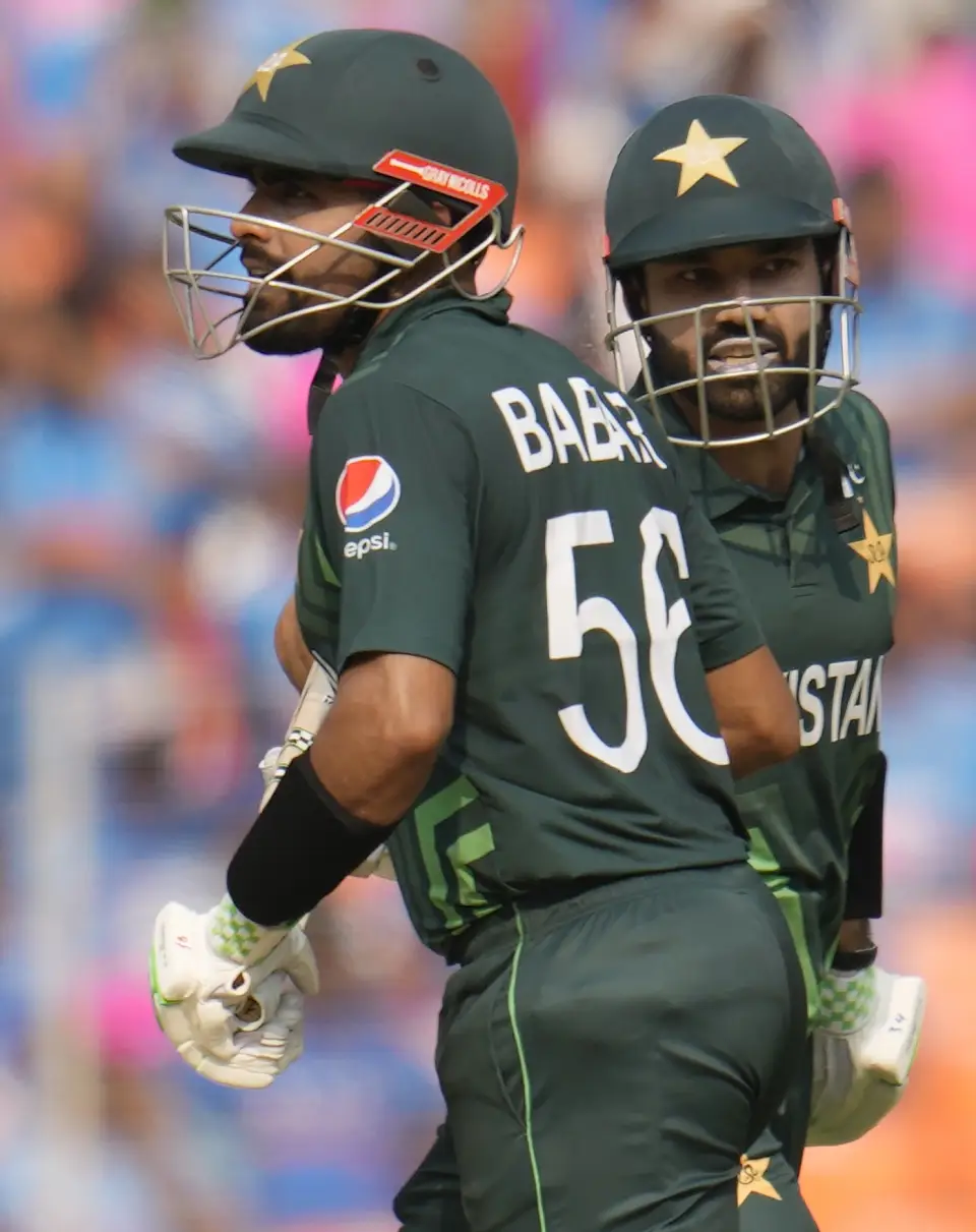 Captain Babar Azam and Mohammad Rizwan batting against India on 14 October 2023 in Ahmedabad. The Indian team won this match by 7 wickets.