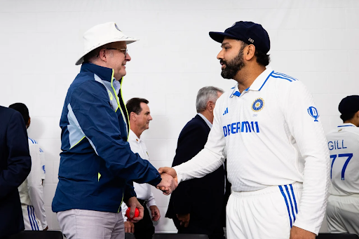 Australian Prime Minister Anthony Albanese meeting Indian captain Rohit Sharma.