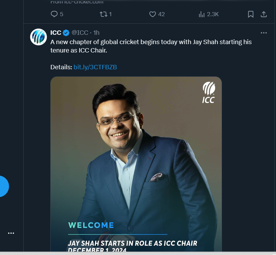 ICC shared the post for Jay Shah.